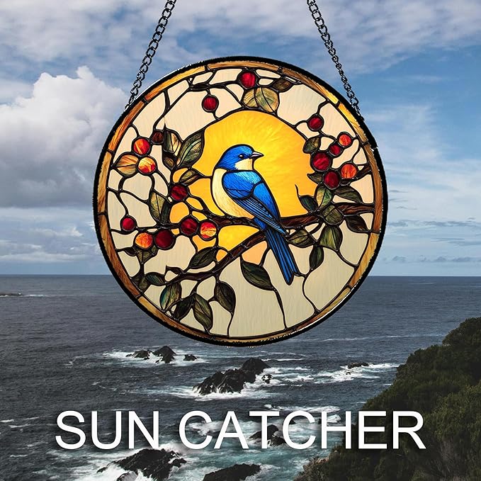 Stained Glass Window Hanging Blue Bird On A Branch 9.8" - Retro Suncatcher Door Garden Sunroom Sun Catcher Home Decor Birthday Christmas for Mom Men Woman Nana