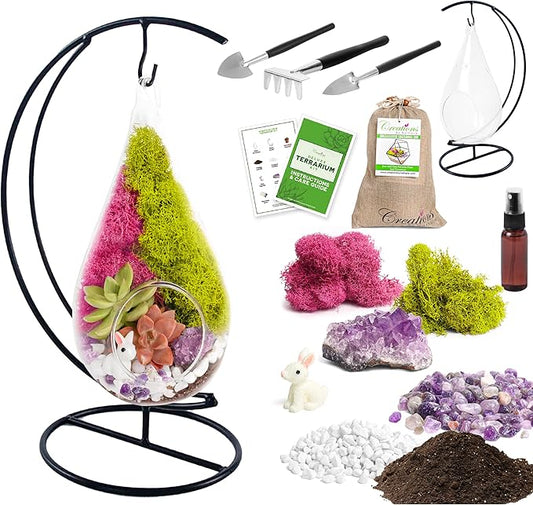 Creations by Nathalie 7" DIY Teardrop Terrarium Kit with Live Plants - Hanging Glass Planter with Stand for Adults & Kids - Build a Mini Ecosystem with Moss, Crystals, Tools - Made in The USA