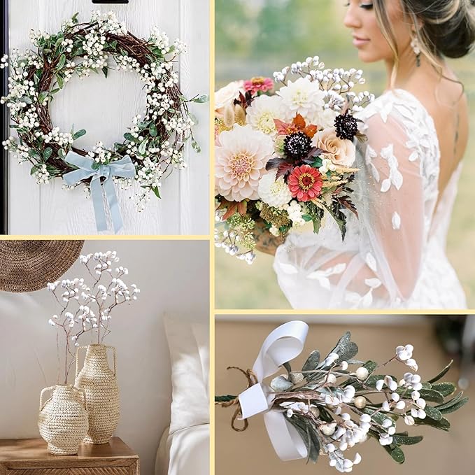 220g Tallow Berries Dried Christmas Decor- 17" Natural Stem Wedding Floral Decor, White Holly Tallow Berries, 2 Bundles Dried Flower Billy Balls, Button Plant, Willow Branches, Wreath DIY Handicraft