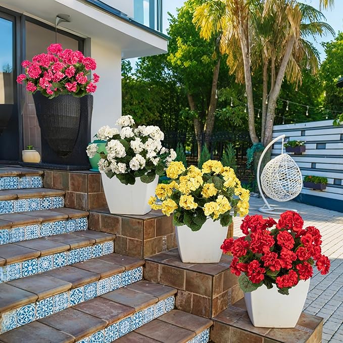 Uqueeten 4pcs Fake Flower Artificial Geranium,Artificial Flowers for Outdoors, White Geraniums Artificial Flowers Realistic,Artificial Geraniums for Outdoors Fake Plant Decoration14.4 (White)