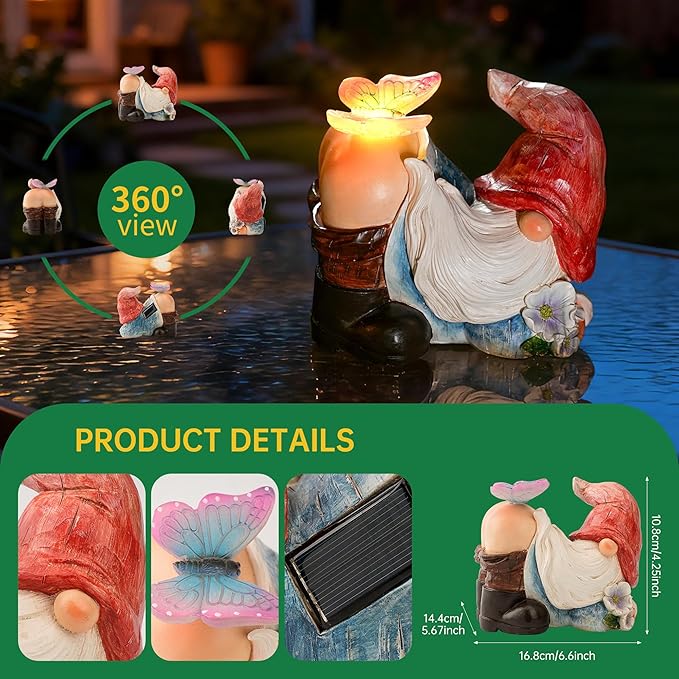 Gnomes Garden Decor Solar Led Lights Outdoor Funny Gnome Decor with Butterfly Waterproof for Home,Yard Art,Gardening Gifts for Women