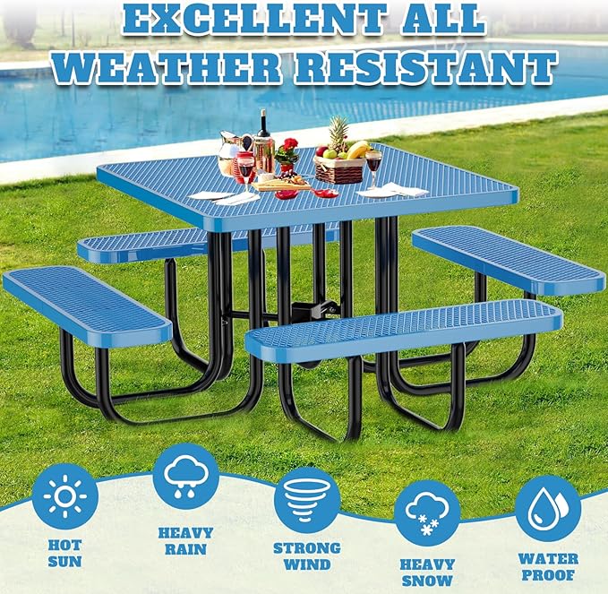 46" Square Top Outdoor Picnic Table Set for Up to 8 Persons, Outside Table Set with 4 Built-in Benches, Metal Commercial Grade Dining Furniture with Umbrella Hole for Garden, Backyard, Patio, Blue
