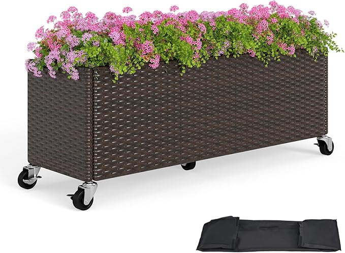 HAPPYGRILL Raised Garden Bed, All-Weather PE Rattan Elevated Planter Box w/Lockable Wheels, Liner for Growing Vegetables Flowers Herbs, Indoor Outdoor Wicker Rolling Gardening Box for Yard Patio (1)