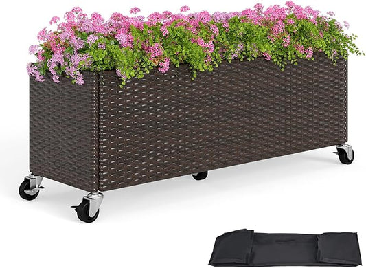 HAPPYGRILL Raised Garden Bed, All-Weather PE Rattan Elevated Planter Box w/Lockable Wheels, Liner for Growing Vegetables Flowers Herbs, Indoor Outdoor Wicker Rolling Gardening Box for Yard Patio (1)