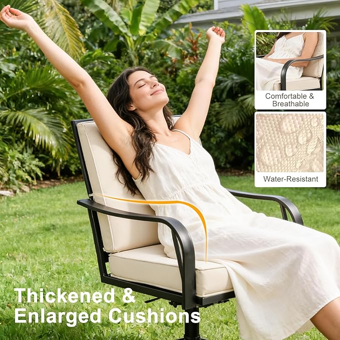 Patio Swivel Chairs Set of 2, Outdoor Swivel Dining Chairs with Thickened Cushions, All Weather Metal Patio Chair for Garden Lawn Porch, Beige