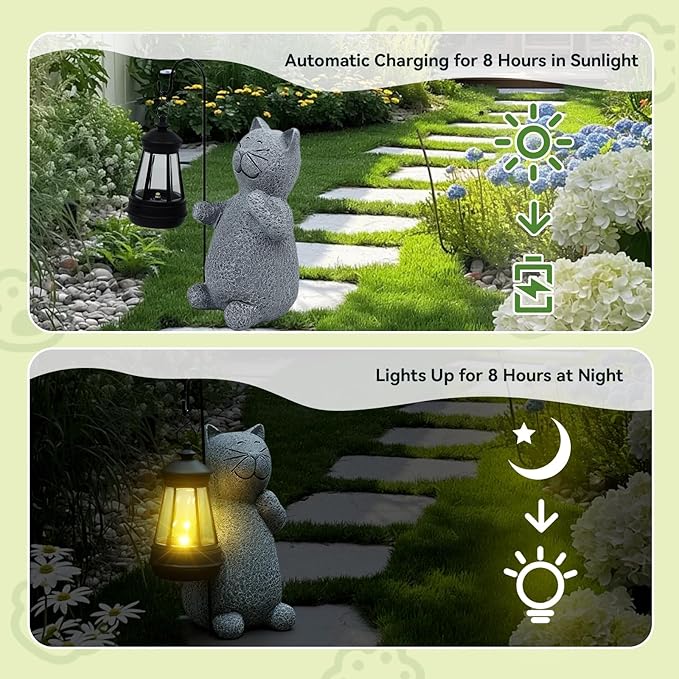 ArtCredit Solar Cat Garden Statues with LED Lights, Outdoor Decor for Patio Yard Balcony - Unique Housewarming Birthday Gifts for Women Mom Grandma