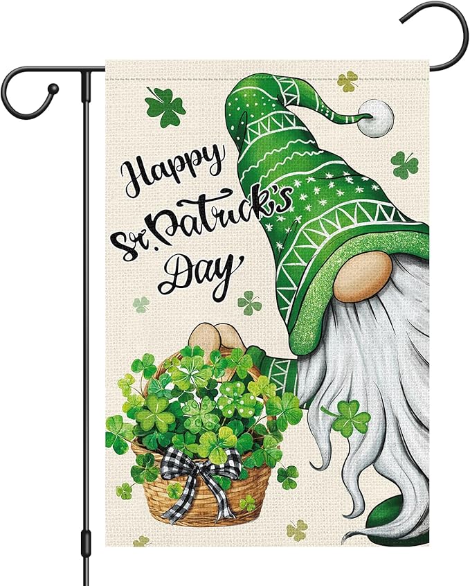 Heyfibro Happy St. Patrick's Day Gnome Garden Flag 12x18 Double Sided Burlap, Shamrock Basket Yard Flag for Spring Seasonal Irish Holiday Farmhouse Yard Outdoor Decor(ONLY FLAG)