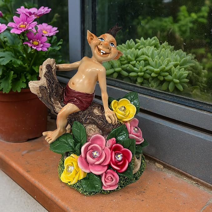 Gnome Figurine with Solar-Powered Flowers Goblin Decor Garden Gargoyle Statue for Patio Yard Balcony Housewarming Gifts for Mom Women Grandma