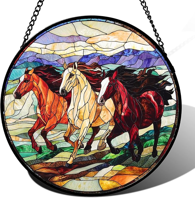 DASTOLL Stained Glass Window Hanging, Colorful Landscape Running Horse Suncatcher for Doors Window Home Sun Catchers Decoration Mother's Day Birthday Gifts for Women, Men, and Mom 7.8x7.8 in