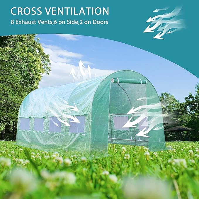 Replacement Cover for Portable Greenhouse, Large Walk-in Green Hot Garden House Top Tarp 2 Zippered Doors 8 Roll-up Windows (Frame Does NOT Included) (20 x 10 x 7 ft)