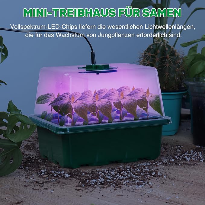 Bonviee 5 Packs Seed Starter Tray with Plant Light, Elevated Seedling Starter Trays Kits with Adjustable Humidity Domes and Clear Cell Tray, 12 Full Spectrum led lamp Beads for Plants Indoor-Green