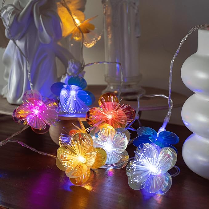 YOLIGHT Fiber Optic Flower String Lights Battery Operated with Timer, 6.5ft 10 LED Colorful Flower Garland Light Fairy Decor Lights for Room Table Wedding Christmas Easter Décor (Multi-Color)