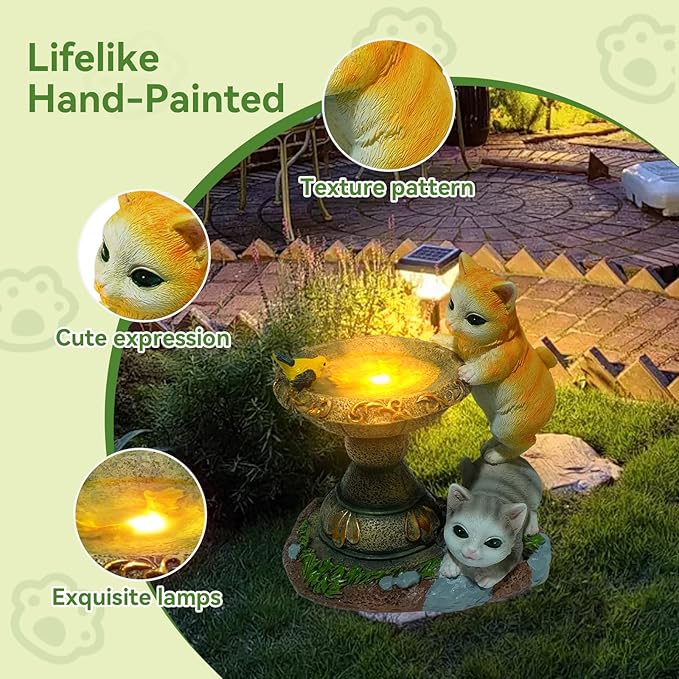 ArtCredit Solar Two Kittens Garden Statues with LED Lights, Outdoor Decor for Patio Yard Balcony - Unique Housewarming Birthday Gifts for Women Mom Grandma