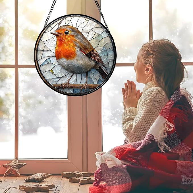 AMDERVEN Stained Glass Window Hanging - Orange Grey Robin Sun Catcher for Door Garden Home Decor Bird Lovers Suncatcher Christmas Mother's Day Birthday Gifts for Women Men Mom Nana 9.8 in