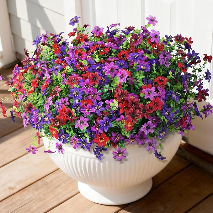 Artificial Flowers for Outdoors 12 Bundles Fake Plants Spring Home Decoration, Realistic Faux Flower Silk Daisy with Eucalyptus Stem UV Resistant Patio Planter Porch Yard Window(Mix 4 Colors)