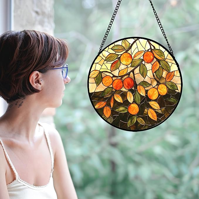 AMDERVEN Stained Glass Suncatcher, Orange Green Fruit Tree Sun Catcher Landscape Stain Glass Window Hanging Decoration Mother's Day Birthday Gifts for Women Men Mom Nana 6.3 in