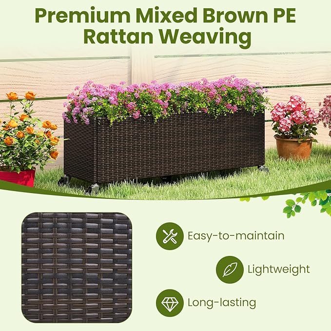 HAPPYGRILL Raised Garden Bed, All-Weather PE Rattan Elevated Planter Box w/Lockable Wheels, Liner for Growing Vegetables Flowers Herbs, Indoor Outdoor Wicker Rolling Gardening Box for Yard Patio (1)