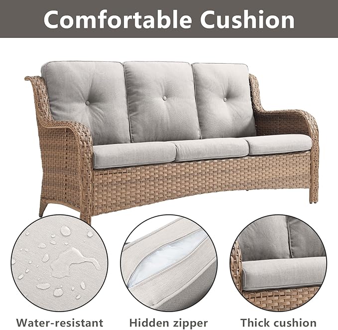 Patio Furniture Swivel Chairs Set - 8 Piece Wicker Rattan Outdoor Sectional Conversation Sets with 4 Swivel Rocking Chairs,2 Ottomans,1 Sofa and 1 Coffee Table for Porch Deck Garden(Yellow/Beige)