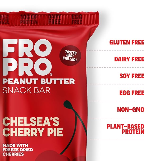 FROPRO Snack Bar - Peanut Butter Snack Bars - Gluten Free, Dairy Free, Soy Free, Non GMO, Plant Based Protein Snacks Bar - Crave-worthy | Chelsea's Cherry Pie, 24 Pack