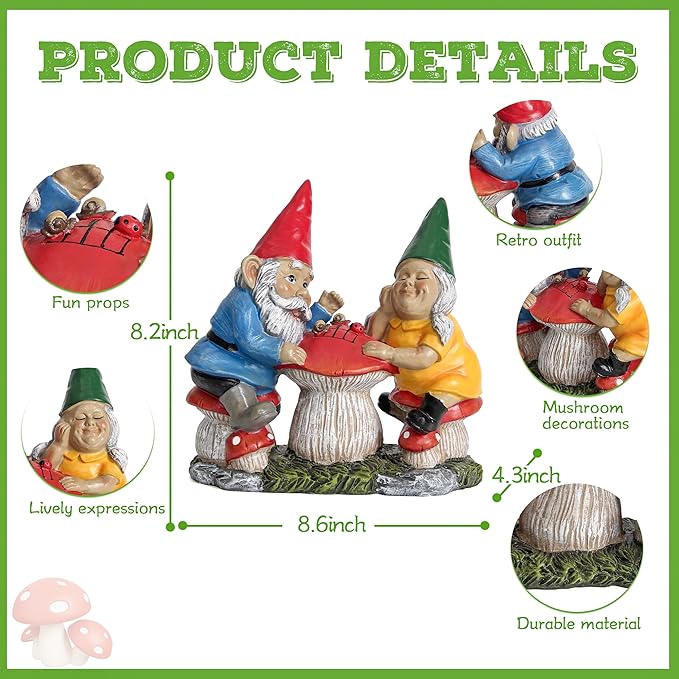 Wiresusan Garden Gnome Statue for Outdoor Decoration, Couple Gnome Figurine on Mushroom for Outside, Garden Mr and Mrs Gnome Playing Chess Sculptures for Yard Lawn Patio Decor, Love Gifts for Women
