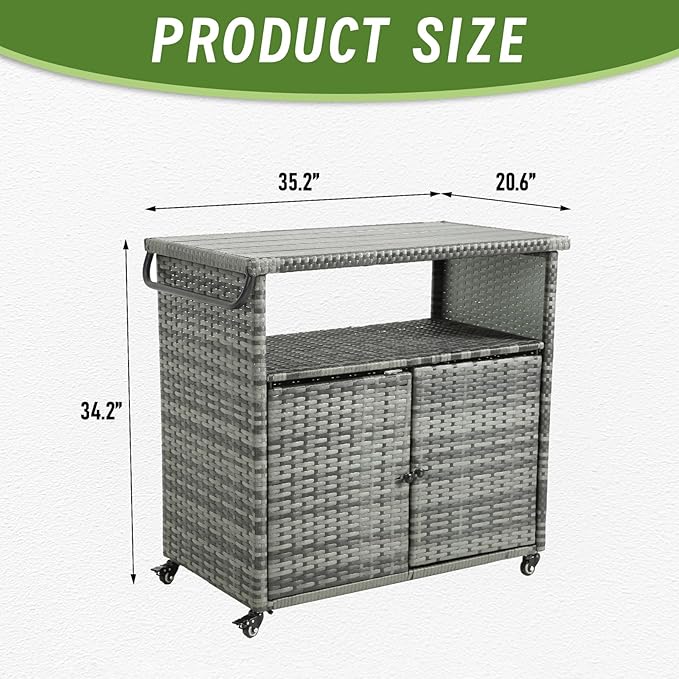 Outdoor Wicker Bar Cart, 35.20" Patio Wine Serving Cart with Plastic Wood Top, Rolling Beverage Bar Table with Wheels & Storage for Garden, Backyard & Poolside, Black