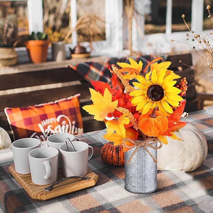 6 Pack Fall Fake Potted Plants Thanksgiving Floral Arrangements Artificial Sunflowers Maple Leaf Berry Pumpkin Metal Pots Faux Flower Harvest Holiday Table Centerpieces Rustic Mantel Decor