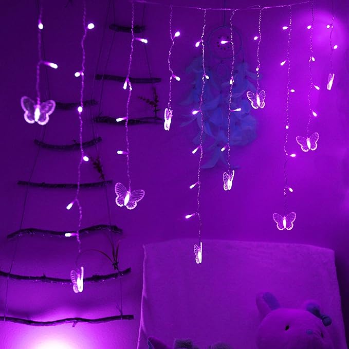 Decorman Butterfly Curtain Lights, 4.9ft 48 LED USB Window Fairy Lights 10 Butterflies 8 Modes Firefly Twinkle String Lights for Room Bedroom Wall Ceiling Party Wedding Christmas (Purple)