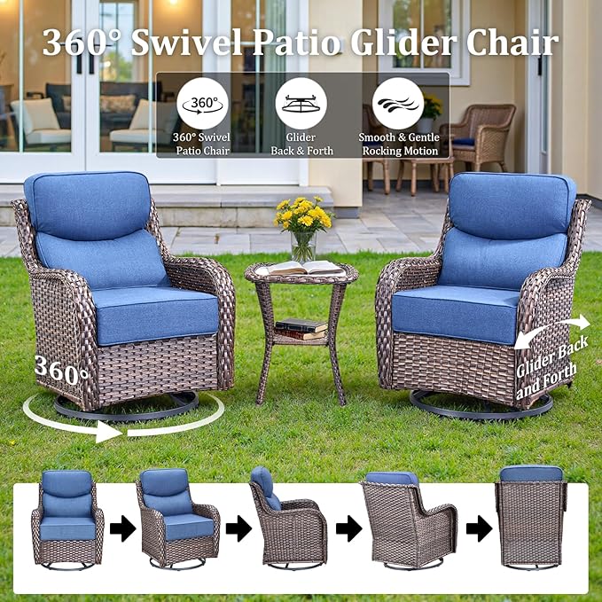 Luxury High Back Patio Furniture Set with 6-Inch Thick Cushions, 4-Pieces Outdoor Furniture with Swivel Chairs, Wicker Conversation Set for Porch, Balcony, Deck and Yard, Brown/Blue