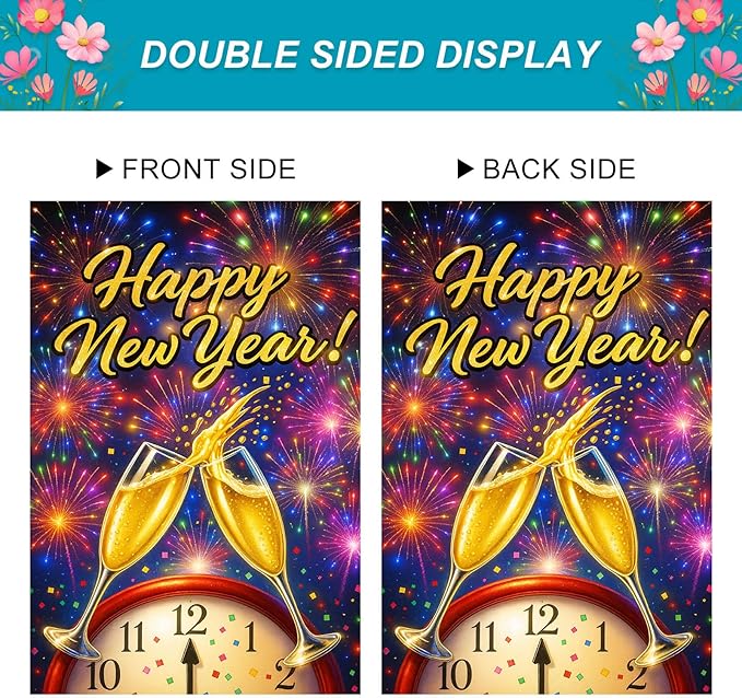 Happy New Year House Flag 28x40 Inch Champagne Glasses Fireworks and Clock Design Garden Flag Colorful Outdoor Yard Decoration Holiday Celebration Banner for Home Porch Lawn