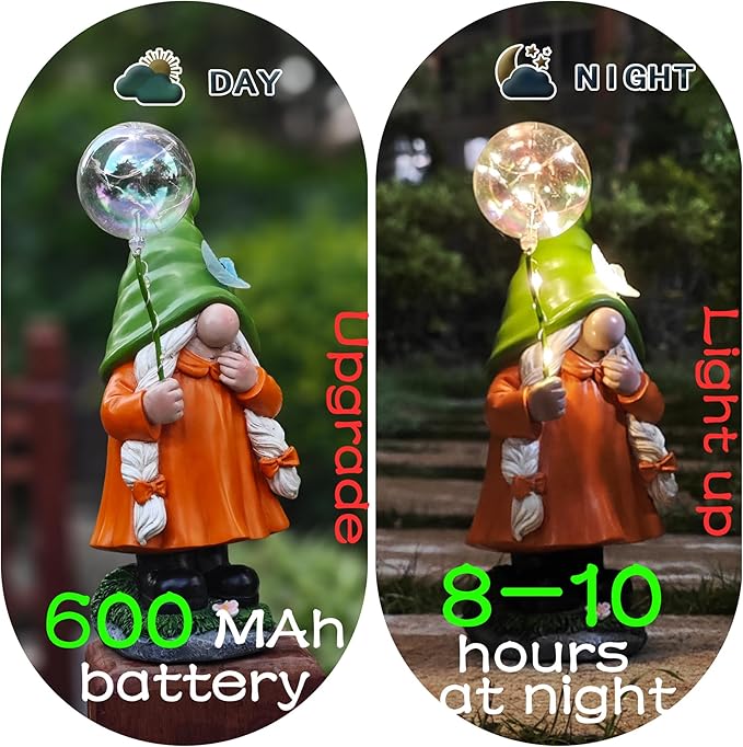 Solar Garden Female Gnome Statue, Detachable Outdoor Garden Decorative Stakes, Resin Statue with Light-Up Butterfly & Bubble Wand, Upgraded 8-10H Lighting, for Yard, Lawn, Flower Bed & Pathway, 10.63"