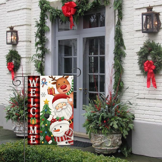 Welcome Christmas Garden Flag Santa Claus, snowman, reindeer12x18 Double Sided Vertical Outdoor Flag for Outside Xmas Farmhouse Flag Winter Holiday Yard Lawn Garden Banner (Welcome Christmas)