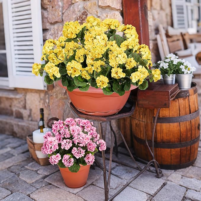 Uqueeten Artificial Flowers for Outdoors Artificial Geranium,Fake Flower Geranium Artificial Plant Home Decor,Silk Geraniums Artificial Flowers Realistic Outdoor Flower Decoration14.4(Yellow) 8PCS