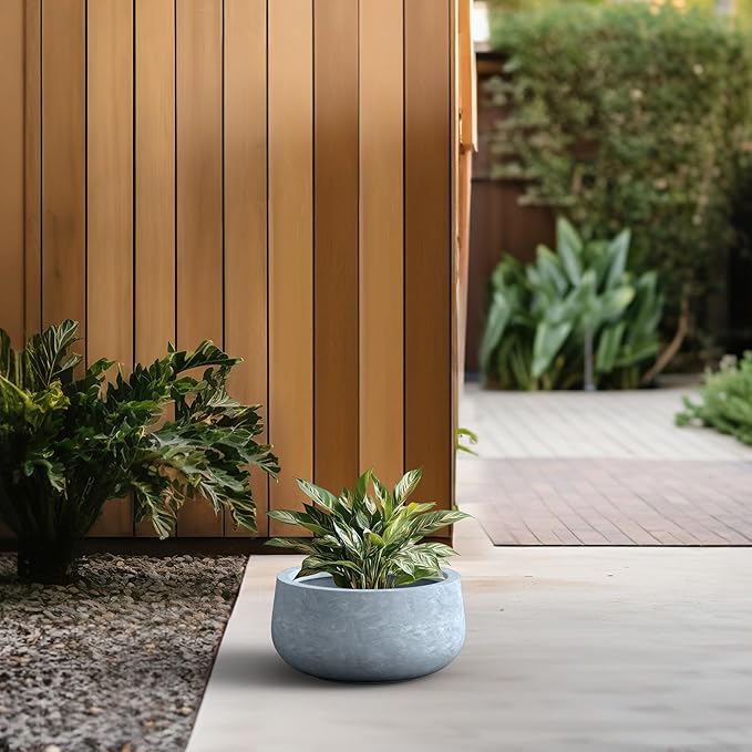 Kante 15.7" Dia Round Concrete Planter, Cement Plant Pots with Drainage Hole and Rubber Plug for Outdoor Indoor Garden Home, Modern Curvaceous Design, Gray