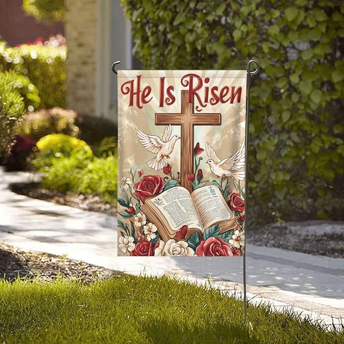 He Is Risen Garden Flag 12x18 Inch Double Sided All-Weather Polyester Outdoor Flag For Patio Lawn Yard And Garden Welcome Decor