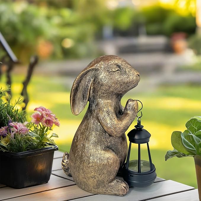 Solar Garden Statue Rabbit Outdoor Decor, Bunny Figurines with Solar Lantern, Yard Decorations for Patio Balcony Yard Lawn Ornaments - Unique Birthday Easter Housewarming Gifts for Women, Mom, Grandma