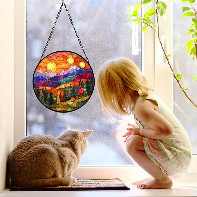 DASTOLL Stained Glass Window Hanging, Sunset Abstract Sun Catchers Colorful Glass Panel Landscape Suncatcher Decor for Birthday for Women, Men, Wife, Aunt, and Mom 7.8 in