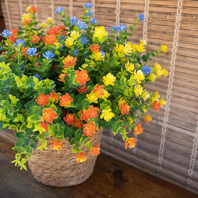 BCBLF Artificial Flowers Outdoors, 12 Bundles Fake Flowers UV-Anti for Decoration Faux Plastic Plants Garden Porch Window Box Décor, YellowPurpleBlueGreen