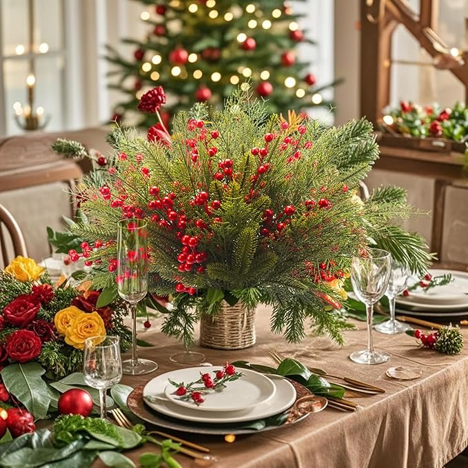 Grunyia 90 PCS Artificial Pine Branches Cedar Stems with Red Holly Berries - Perfect Faux Pine Greenery Stems for Christmas Tree, Wreath & Garland DIY Crafts Holiday Home Decoration