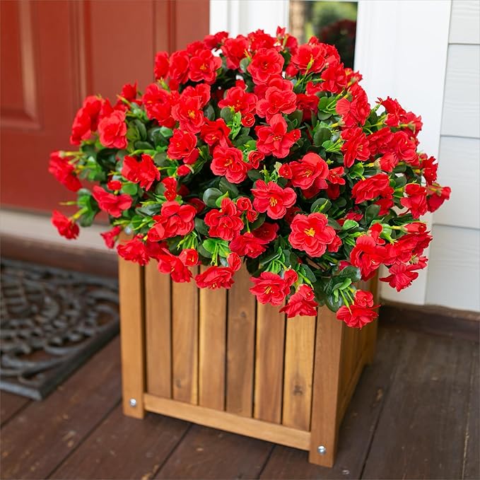 Ivydale Artificial Faux Red Flowers Plants for Outdoor Outside Spring Decor, Fake Silk Camellia UV Resistant Look Real for Planter Porch Patio Balcony Garden Table Indoor, 3 Large Bundles
