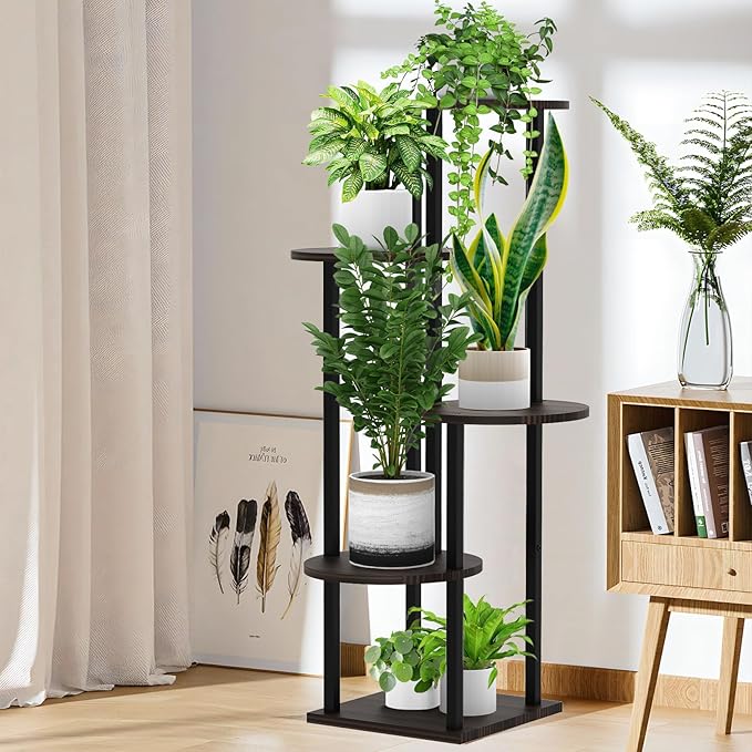 YOCOMEY 5 Tier Wood Tall Plant Stand Metal Rack Indoor, Multiple Flower Pot Holder Shelves Corner Rack, Round Planter Shelf Display Rack Storage Organizer for Patio Living Room Balcony(Black Oak)