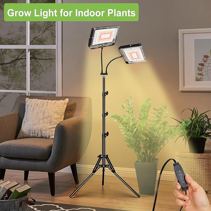 LBW Grow Lights for Indoor Plants,Full Spectrum Standing Plant Grow Light with 4/8/12H Timer, 6 Dimmable Levels,68" Adjustable Tripod, Floor Grow Lamp for Large Indoor Plants, Dual Heads Plus