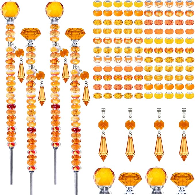 Exway 100 PCS DIY Fairy Wand Beaded Garden Stake Beads Kits with Orange Large Hole Beads 4 Crystal Stopper Top Threaded Rods and 4 Orange Sparkling Crystal Pendants for Outdoor Indoor Decor