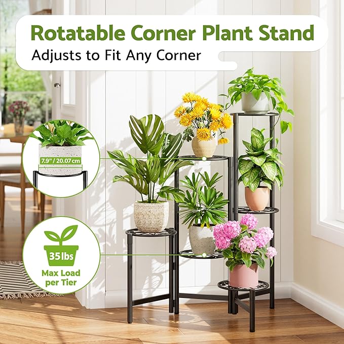 NQW 6 Tier Large Plant Stand Indoor with 7.9-Inch Wide Drainage Tray, Tiered Corner Metal Outdoor Flower Display Holder Shelf, Folding Tall Rack for House Patio Porch Balcony Graden - BlackS