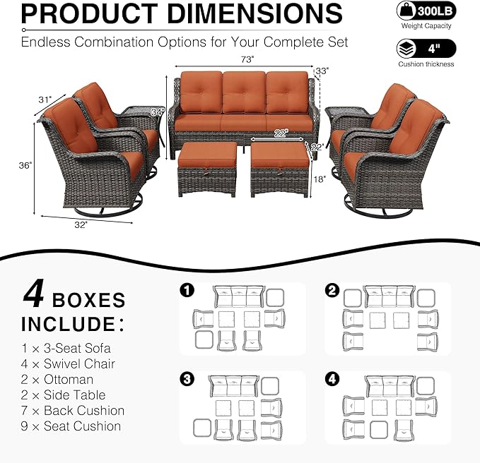 Joyside 9 Piece Wicker Patio Furniture Set, Outdoor Swivel Rocker Patio Chairs with High Back, Deep Seating, Wide Armrest, Thickened Cushions, Outdoor Furniture for Deck, Porch Use