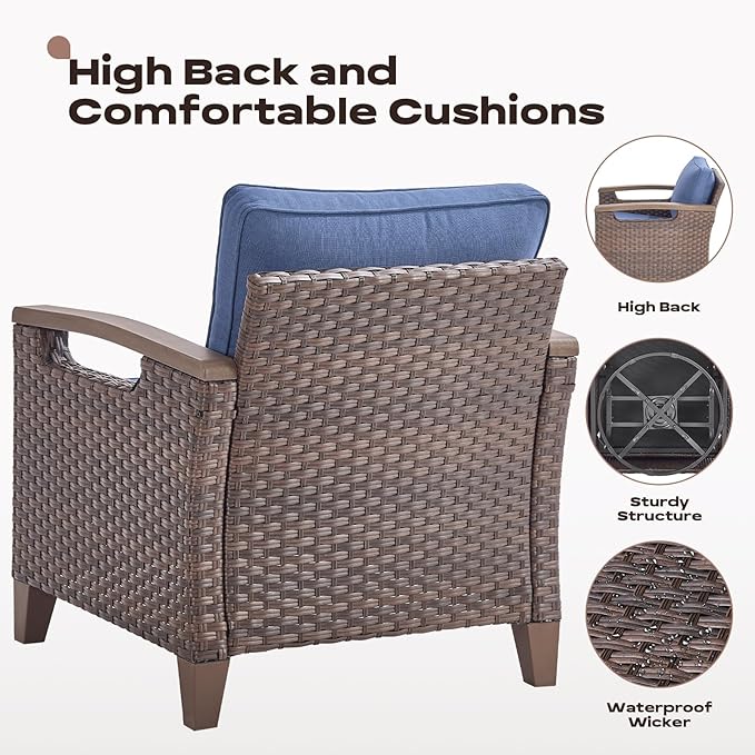 Rilyson Wicker Outdoor Patio Furniture Set - 7 Piece Patio Conversation Sets with Swivel Rocker Chairs, Chairs, Ottomans and Sofa, Thick Cushions, Waterproof Wicker, for Porch Deck Brown/Blue