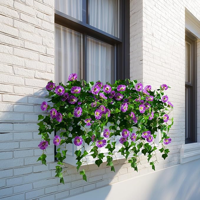 Morning Glory Artificial Hanging Flowers for Outdoors 3 Pcs Fake Petunias Flower Faux Silk Long Trailing Vines Realistic Flower for Front Door Porch Patio Balcony Garden Yard Decor (3 Pcs Purple)