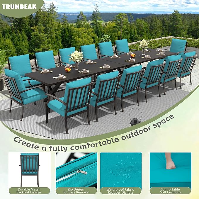 16-Piece Patio Dining Set Outdoor Conversation Set,Metal Outdoor Furniture Set with 2 Umbrella Hole Cut-Out 78.7" x 35.4" Tables and 14 Metal Backrest Chairs for Backyard,Garden,Blue
