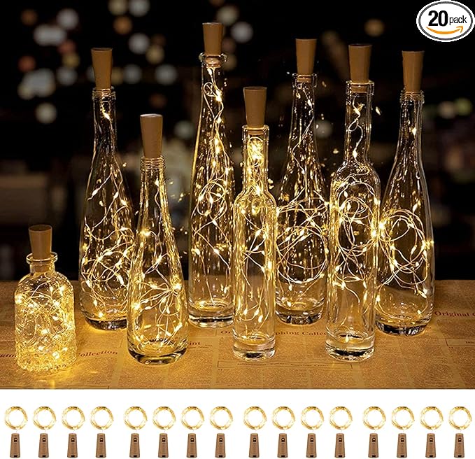 Brightown Wine Bottle Lights with Cork, 20 Pack 20 LED Waterproof Battery Operated Cork Lights, Silver Wire Mini Fairy Lights for Liquor Bottles DIY Party Bar Christmas Holiday Wedding Décor