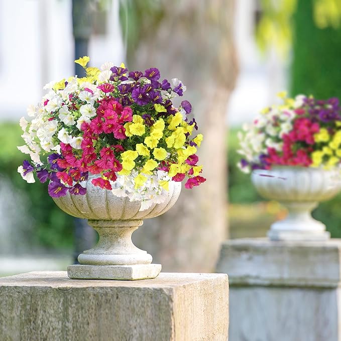 Artificial Flowers for Outdoors 12 Bundles Realistic Faux Plants UV Resistant Fake Silk Morning Glory with Eucalyptus for Front Door Planter Patio Porch Spring Summer Decoration (4 Mixed Color)