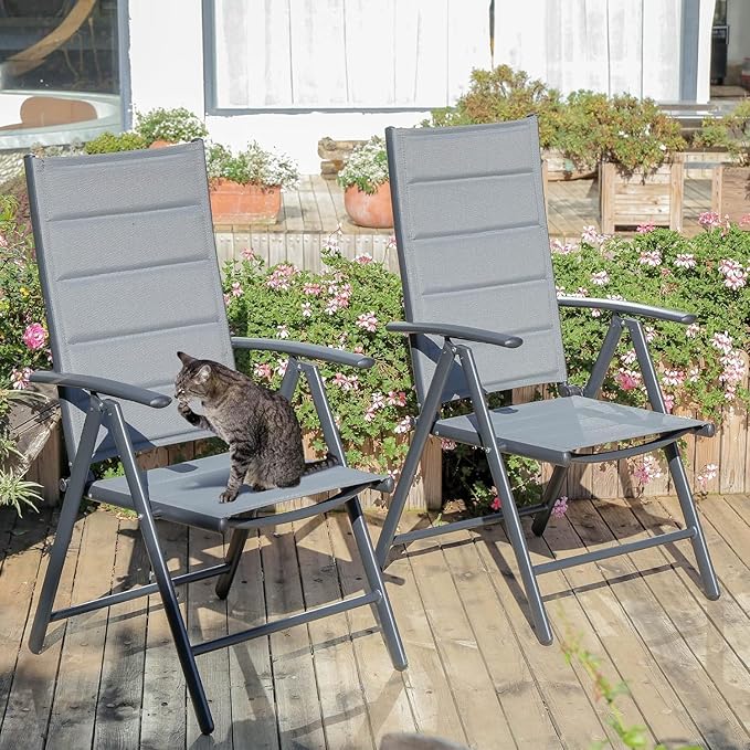 PURPLE LEAF Patio Folding Chairs 4 Pack Outdoor Aluminum Metal Dining Chairs with Padded Seats and Adjustable Backrest Heavy Duty Camping Chairs for Outside, Grey